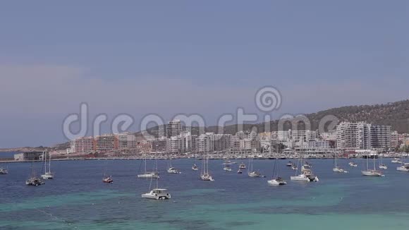 圣安东尼奥湾Ibiza海滩棕榈树沙子海和山脉视频的预览图
