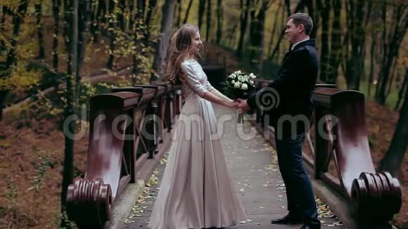 优雅的一对夫妇手牵手站在桥上亲吻视频的预览图