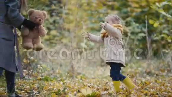一个金发小女孩和妈妈一起在秋天公园玩玩具熊视频的预览图