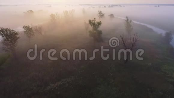 雾天早晨的空中录像飞越德斯纳河日出时间乌克兰基辅地区视频的预览图