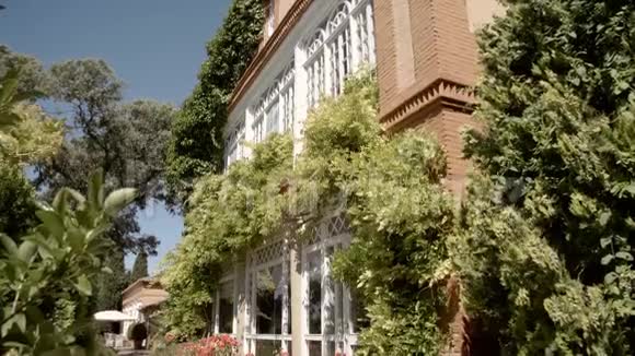 古老的欧洲房屋覆盖着茂盛的绿色植物视频的预览图