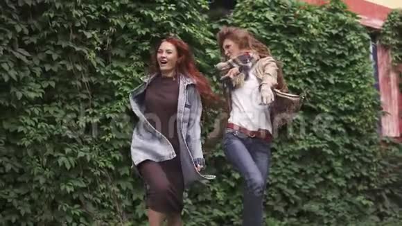 两个红头发的女朋友的放肆喜悦女孩们到处闲逛玩得开心笑着跳着女朋友视频的预览图