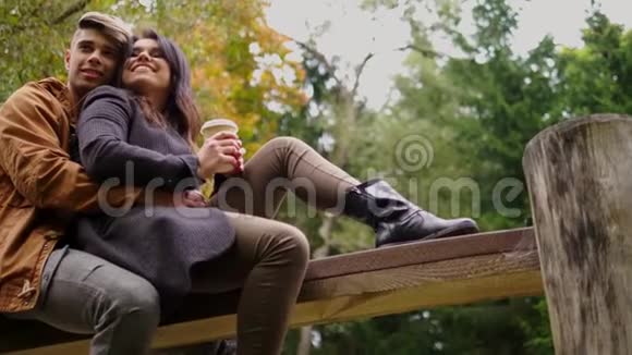 秋天公园的木桥上坐着一对可爱的夫妇视频的预览图