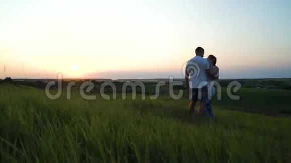 浪漫的年轻快乐的怀孕夫妇在夕阳下拥抱大自然视频的预览图