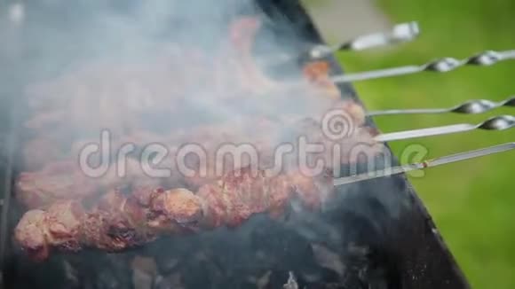 木炭上的什什烤串肉上的脆视频的预览图