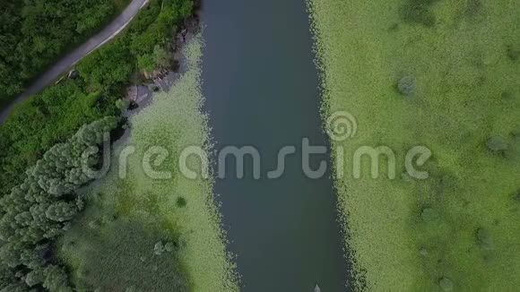 空中拍摄河流百合花和船在水面上流动的小山视频的预览图