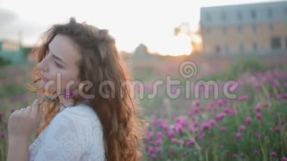 美丽的年轻女子坐在田野里视频的预览图