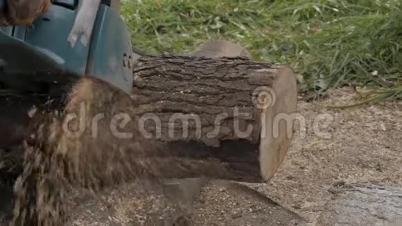 伐木工人锯木头做木柴慢动作视频的预览图