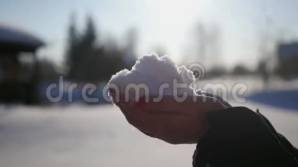 下面的动作女孩手里拿着蓬松的白雪朝他吹白雪在阳光下美丽地飞舞视频的预览图