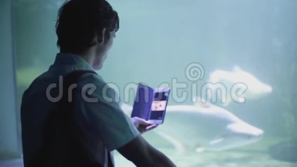人类通过移动电话拍摄鱼在海洋馆和水下动物园在苏梅岛泰国1920x1080视频的预览图