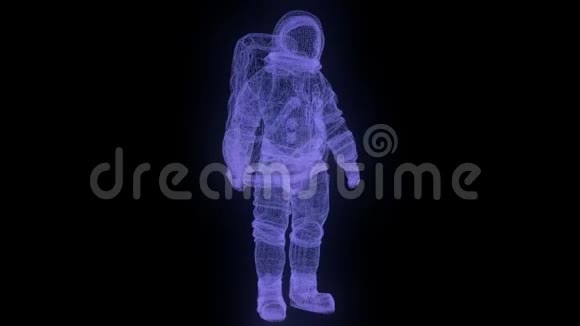 宇航员旋转的线框全息图3黑色背景下航天飞机的D动画无缝环视频的预览图
