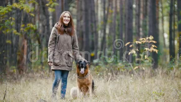 秋天森林里的德国牧羊犬女孩站在草地上抚摸着她的狗笑着视频的预览图