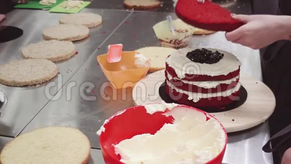 女性糖果师用鲜奶油制作红色海绵蛋糕视频的预览图