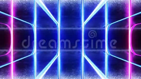 可循环霓虹灯飞碟未来主义背景发光紫色潘通蓝色激光光束在混凝土现代表面大厅背景侧视频的预览图