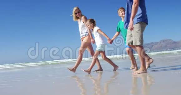 一家人在海滩上散步时牵手视频的预览图