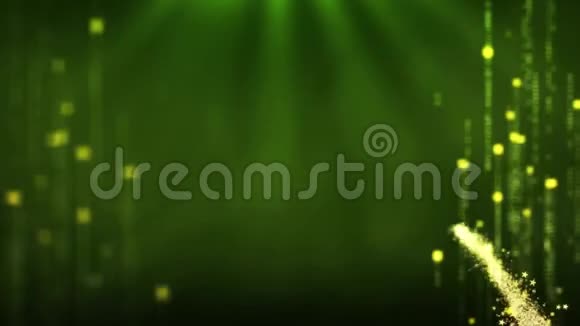 以绿色字母书写的圣帕特里克节快乐绿色闪闪发光的烟花聚光灯和闪闪发光的文字动画视频的预览图