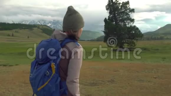 女人徒步旅行在山上远足带背包的女旅行者在美丽的夏季景观上视频的预览图