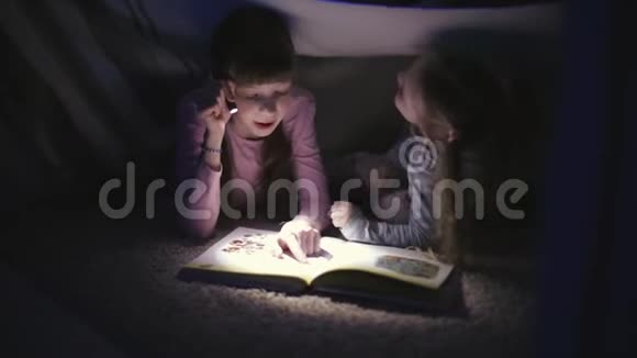 两个姐妹晚上在一个黑暗的房间里用手电筒在毯子下看书视频的预览图