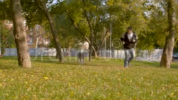 主人和狗在公园里跑视频的预览图