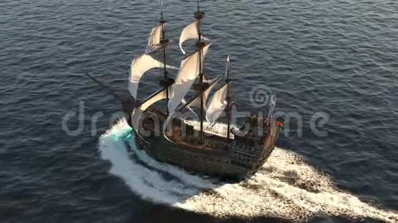 一艘中世纪的船在广阔的蓝海上航行中世纪海上冒险的概念视频的预览图