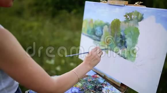 阳光明媚的夏日公园里坐在格子布上用水彩画完一幅画视频的预览图