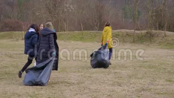 环境问题一群志愿者清除森林里的垃圾视频的预览图