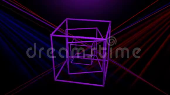 三维激光显示与旋转线框立方体颜色变化的物体与彩色射线在黑色背景迪斯科或视频的预览图