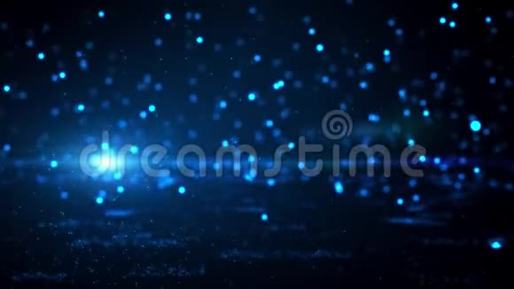 蓝色光圈模糊的波克和闪烁的粒子在水面上坠落和跳跃视频的预览图