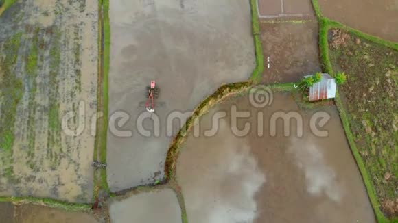 用分蘖拖拉机准备稻田种植的农民的鸟瞰图美丽乡村视频的预览图