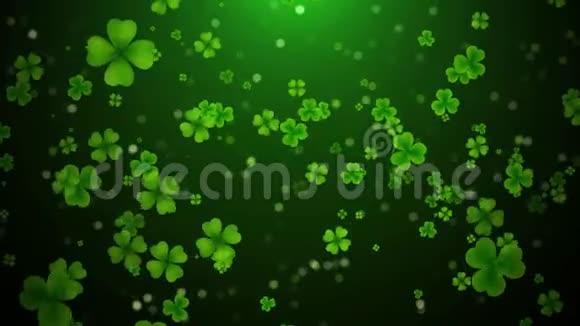 无缝环绿色闪亮的三叶四叶三叶草在空中飞舞闪烁着小小的六角波克闪光视频的预览图