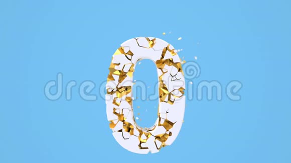 破碎的白色字体隔离在蓝色背景与金色碎片视频的预览图
