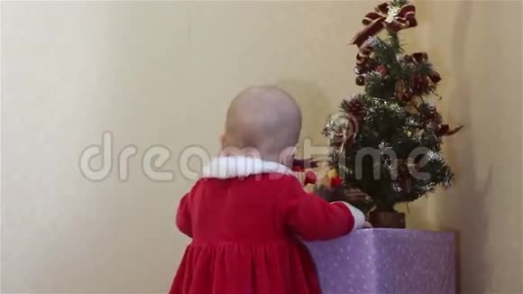 小孩站在圣诞树旁看礼物视频的预览图