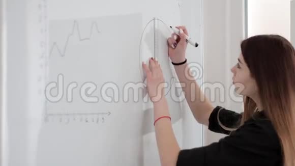 漂亮的瘦女人用马克尺在白板上绘制图表视频的预览图