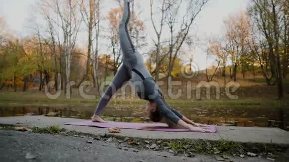 年轻女子在秋城公园做瑜伽练习健康生活方式概念视频的预览图