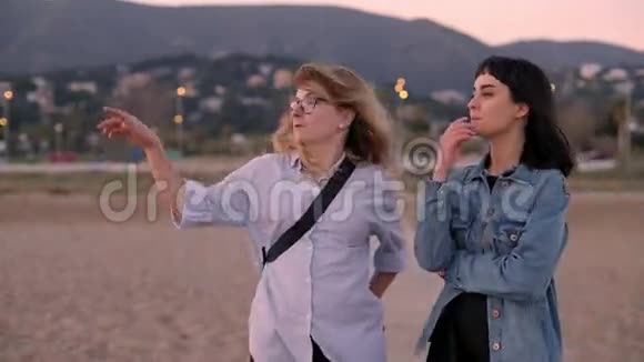 两个女孩在海滩上散步聊天视频的预览图