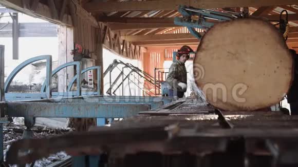 木工在安全帽上切割工锯工作台上的木材视频的预览图
