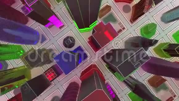 飞过一座玻璃城市的摩天大楼从地面发出美丽的光芒3D动画片视频的预览图