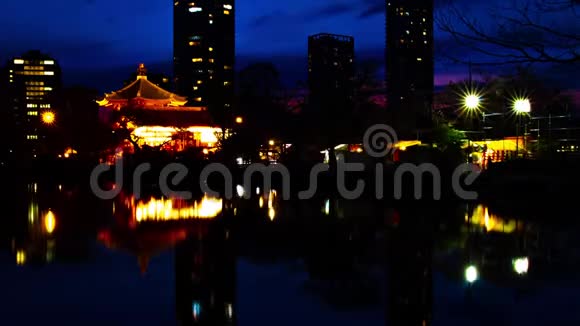 东京上野传统公园附近池塘的日落时间视频的预览图