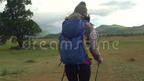 女人徒步旅行在山上远足带背包的女旅行者在美丽的夏季景观上视频的预览图