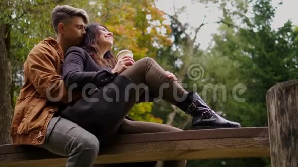 秋天公园的木桥上坐着一对可爱的夫妇视频的预览图