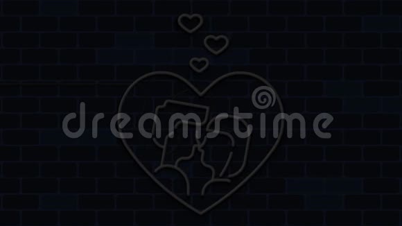 情侣亲吻霓虹灯标志闪烁在黑暗的墙壁背景标识横幅和标签的运动图形视频的预览图