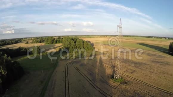 夏季傍晚的景观有麦田和电塔从无人驾驶飞机俯瞰视频的预览图