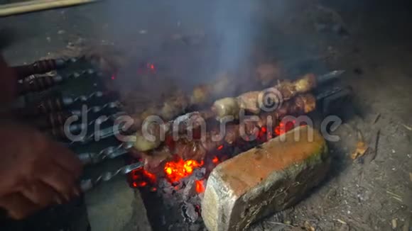 腌制的沙士利克在烧烤架上准备木炭东欧流行的Shashlik或Shish烤肉串视频的预览图