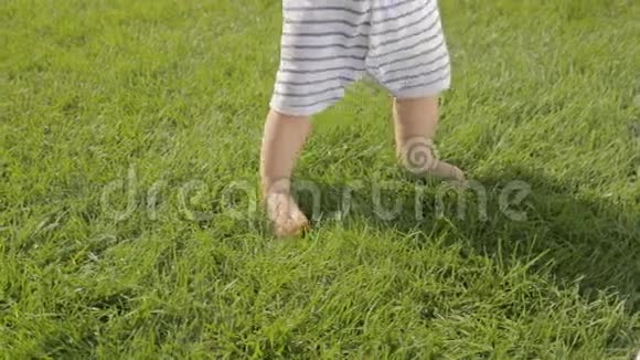 可爱的小男孩在花园草地上迈出第一步的特写镜头视频的预览图