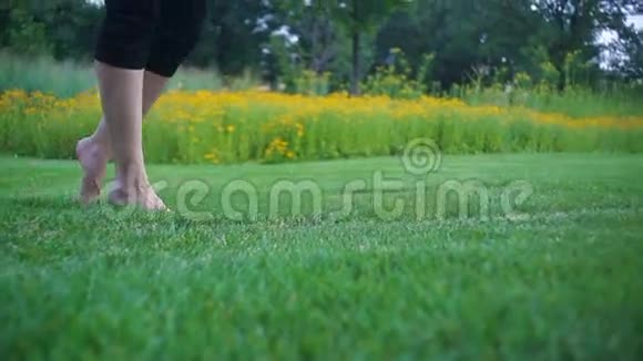 在夏日的草地上美丽的年轻女子赤脚奔跑视频的预览图