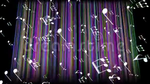 五颜六色的音乐彩色移动的光线在背景上播放白色的音乐音符迪斯科音乐俱乐部摇滚或视频的预览图