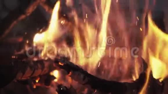 柴火在篝火堆中摇动燃烧的火焰视频的预览图