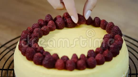 自制纽约奶酪蛋糕装饰纽约芝士蛋糕树莓视频的预览图