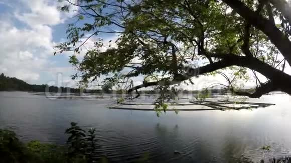 太阳升起在湖中央的竹子结构上追踪射击视频的预览图