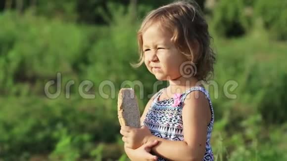 有机生态农场田里小女孩吃家常面包的画像视频的预览图